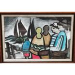 Markey Robinson (20th Century Irish): Figures looking out to sea at yachts, gouache, signed, 18.5" x