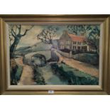 Finn: oil on board, rural cottage scene with river and bridge, signed and dated '68', 45 cm x 65 cm,