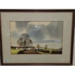 J.R.HURLEY, watercolour, rural landscape with farm buildings, late Autumn, signature plus mouse,
