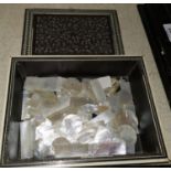 Over 100 Chinese mother of pearl gaming tokens in ebonised carved box