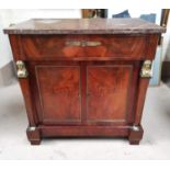 A 19th Century Empire style side cabinet with single drawer and double doors, a marble top with side