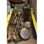 A copper oil lamp, an Arts & Crafts style copper poker stand and a selection of metalware