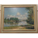 Jean Kevorkian: "St Mammes", river landscape with barges, oil on canvas, signed, 21" x 28", framed