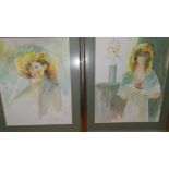 Malcolm Young: 2 half length portraits of young women, 18" x 14.5" & 18" x 11.5", framed and glazed