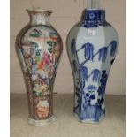A Chinese 17th Century blue and white vase with damage to neck, another Chinese vase with painted