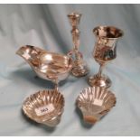 A small pair of silver shell dishes, Birmingham 1905 2oz: a pair of turned silver candlesticks