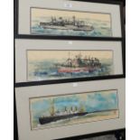 Japanese School: 3 warships, watercolours, with seal mark in red, 5" x 16.5", framed and glazed