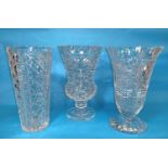 Three Waterford crystal vases: thistle shaped, tapering & bell shaped, heights 10"