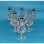 A Waterford Crystal set of 6 cruet bases with silver plated tops and on pedestal bases; a pair of