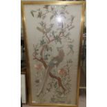 A large Chinese silk embroidered picture of a bird on a branch framed and glazed, 119cm x 56cm