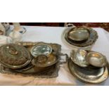 A Victorian style EPNS 2 handled tray; a similar entrée dish and cover; a selection of EPNS trays