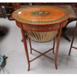 A mahogany Adam's style sewing table with painted floral decoration with X-frame stretcher on