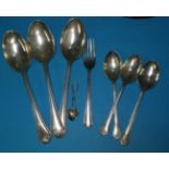 A part set of 3 silver dessert spoon s and 3 teaspoons, with beaded borders; a small fork and