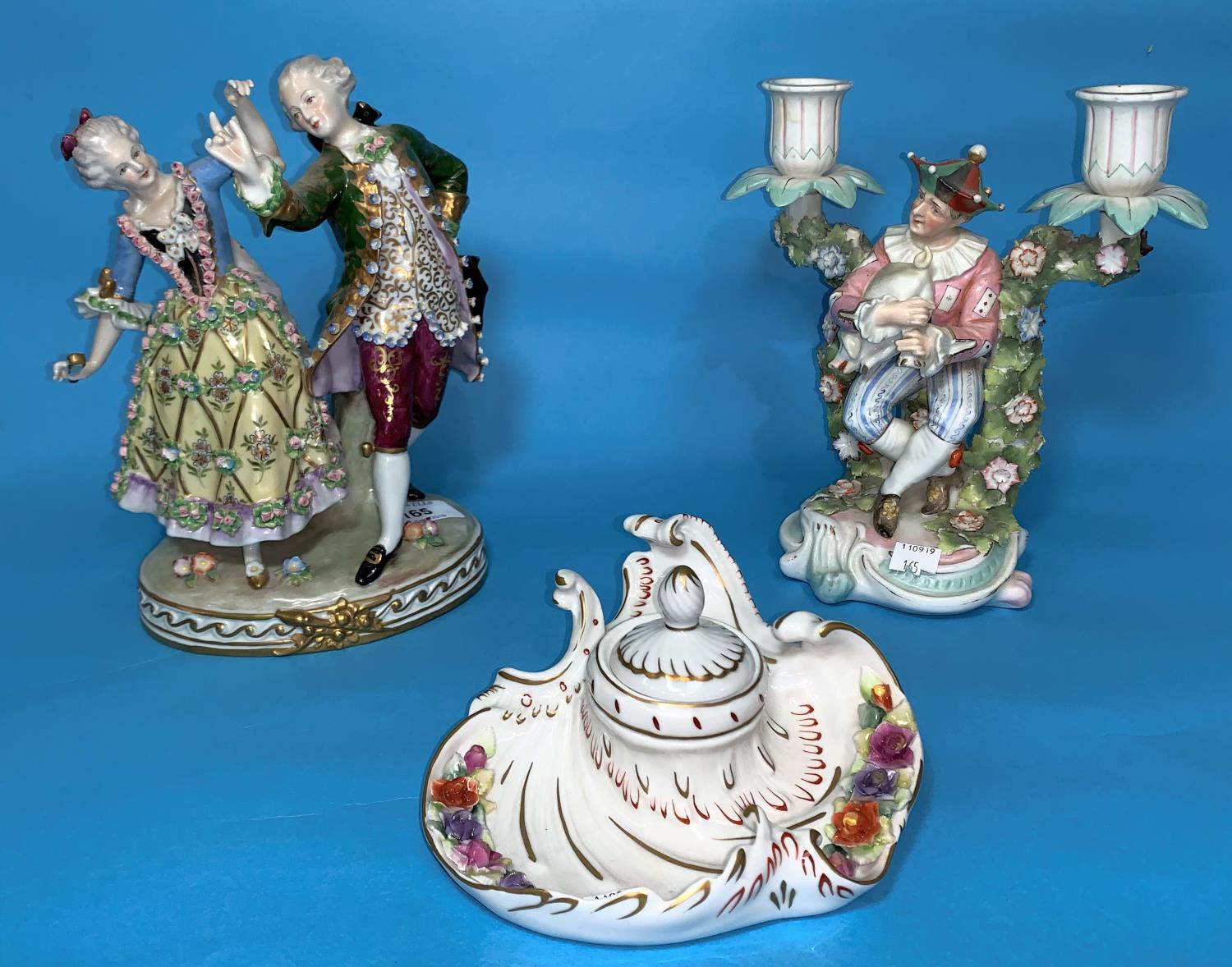 A Dresden style encrusted group of 2 dancing figures in 18th century dress, height 9"; a Dresden