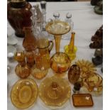 Five crystal decanters and glassware, including amber glass