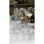 A 1960's cut glass decanter and 6 glasses, Webb Corbett; a similar liqueur decanter with pedestal