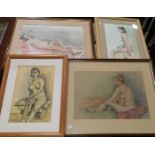Susan Beattie: watercolour study, reclining nude female, signed, 31 cm x 41 cm, framed; 3 others