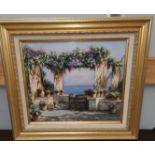A continental oil on canvas, View from a terrace looking towards the sea, gilt frame, signed