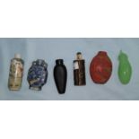 A Chinese horn snuff bottle and five other Chinese snuff bottles