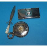 A silver card holder and miniature with enamelled masonic crests; a masonic 'dagger' bookmark,