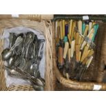 A selection of bone and ivory handled knives and silver plated cutlery