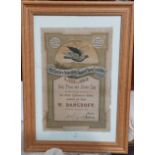 A Victorian Homing Pigeon Society First Prize certificate, framed and glazed
