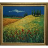 20th Century Continental: French landscape with poppies and tall trees, oil on canvas, signed