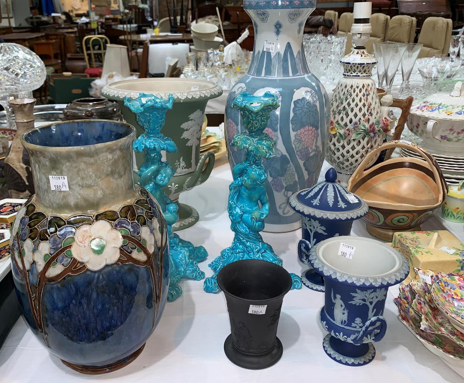 A pair of 19th Century blue glazed Wedgewood candlesticks, a Wedgewood black basalt cup, other