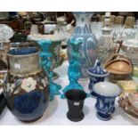 A pair of 19th Century blue glazed Wedgewood candlesticks, a Wedgewood black basalt cup, other