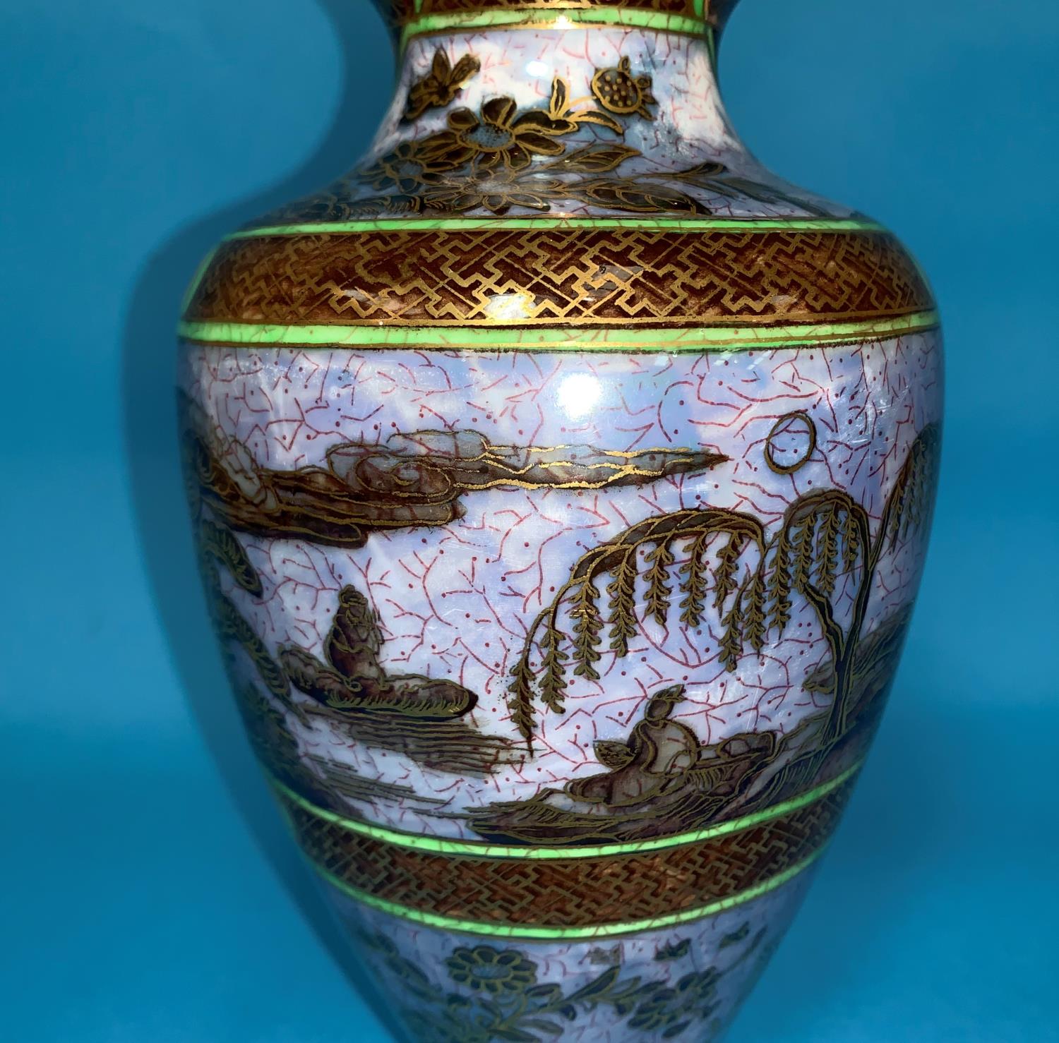 A 1930's Wedgwood lustre baluster vase decorated with chinoiserie scenes of a man in a boat, with - Image 2 of 5