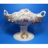 A Dresden style large oval comport with polychrome and encrusted floral decoration, height 13" (