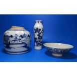 A Chinese blue and white vase, ht 19cm; a Chinese blue and white bowl and a similar jar (no lid)