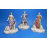 A 19th century set of 3 Dresden style groups: crowned females with horse, camel & crocodile