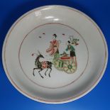 A Chinese Famille Rose ceramic dish with central scene, 31cm; 2 others (damage)