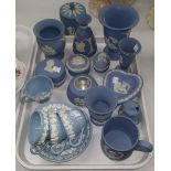 A selection of Wedgwood blue Jasperware: vases; trinket boxes; etc.; Queensware teaware; etc.