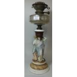 A 19th century bisque table lamp with 3 classical figures to the column (1 arm missing, some chips)