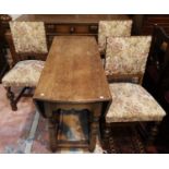 A period style distressed oak dining suite by Titchmarsh & Goodwin comprising oval dropleaf table