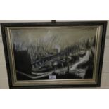 Norman MacDonald: crayon and charcoal, Winter Scene, Stockport, signed and dated 25.12.66, 28 x 43