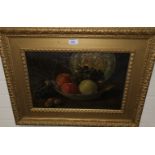 19th Century School: Still life of fruit, oil on canvas, signed indistinctly, 11.5" x 17.5", framed