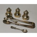A hallmarked silver small 3 piece cruet; 3 silver salt spoons; a pair of silver sugar tongs, gross