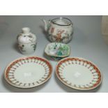 A Chinese porcelain teapot, red square seal mark, 15 cm; a Canton porcelain pedestal dish, 9 cm;