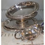 A silver plated covered oval entrée dish, beaded decoration; silver plate