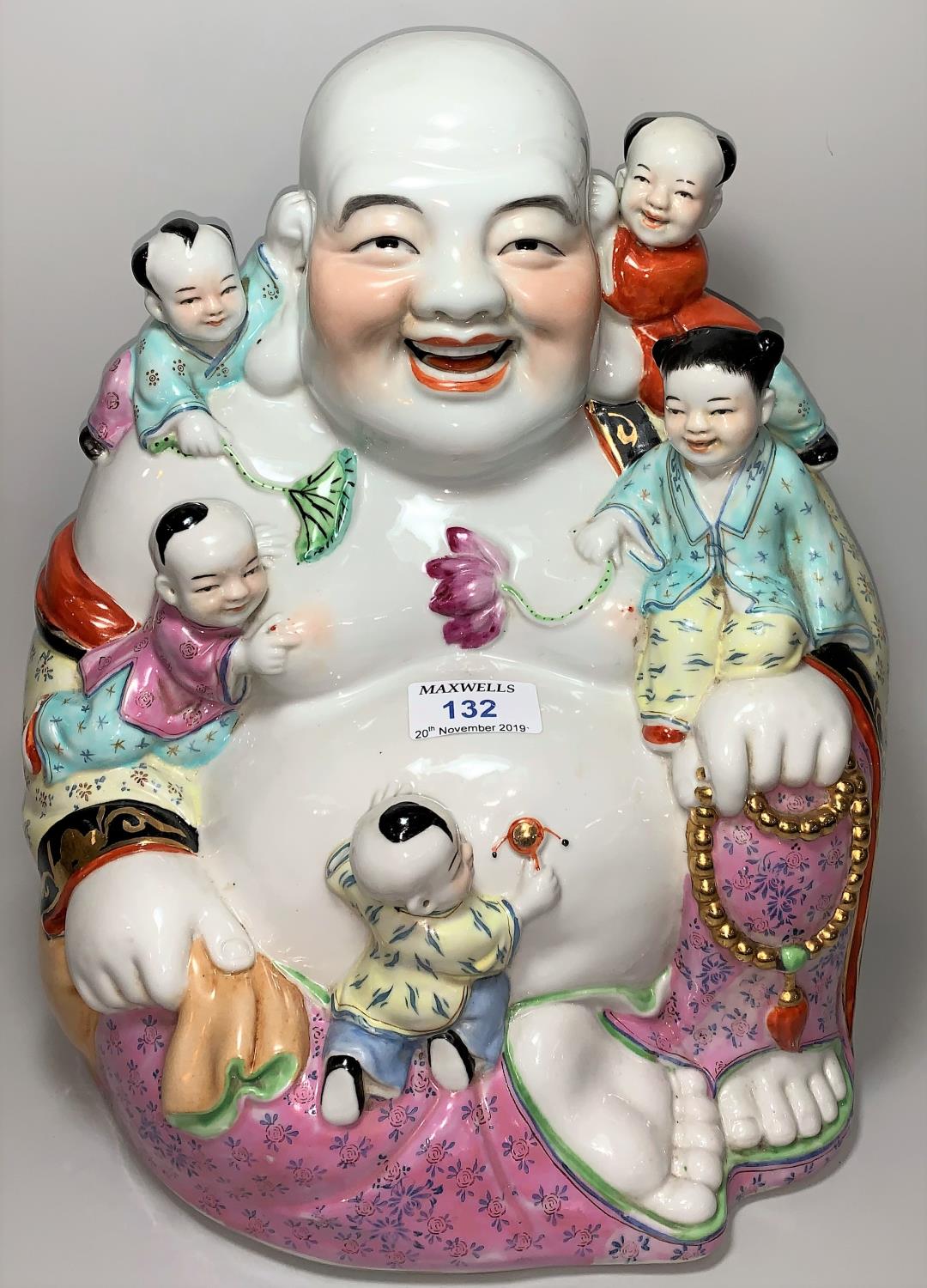 A 20th century Chinese Canton large figure of Hoti with children, in the famille rose palette,