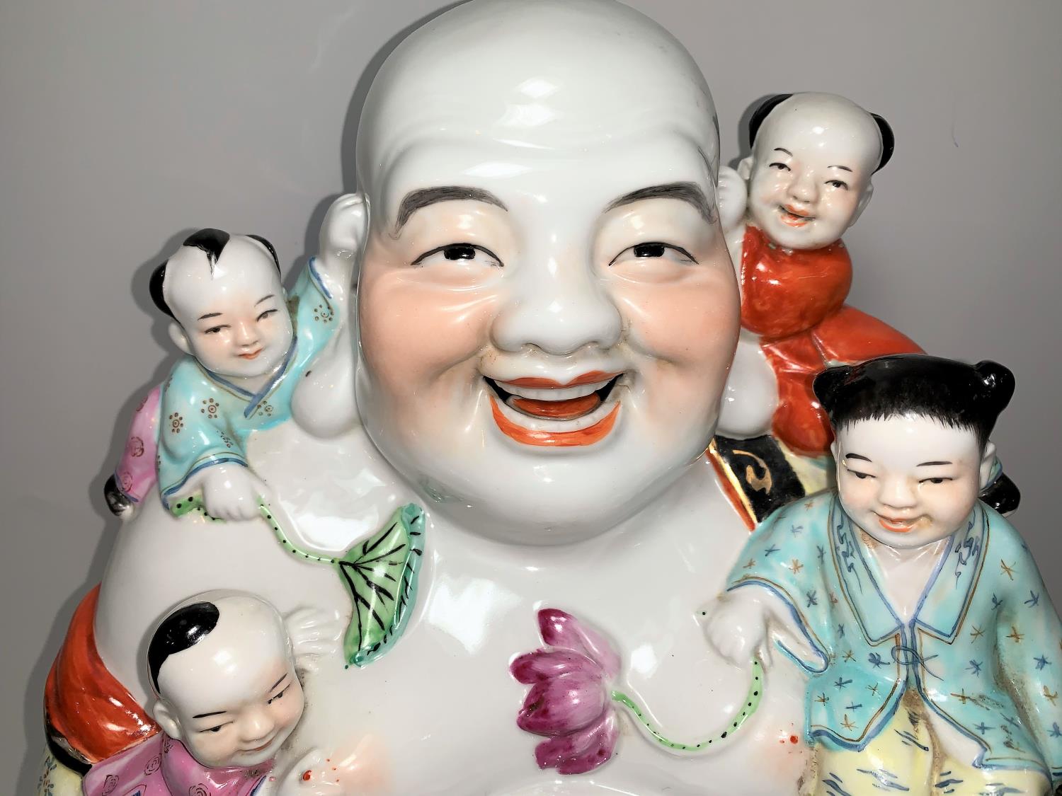 A 20th century Chinese Canton large figure of Hoti with children, in the famille rose palette, - Image 3 of 5