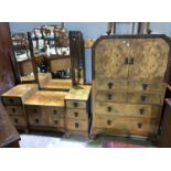 A 1930's Art Deco style bedroom suite in figured walnut comprising triple wardrobe, 72", dressing