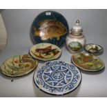 A Portuguese majolica dish decorated with a fish; 3 similar dishes by Puigdemont; a bowl; another