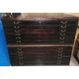 A metal framed stained mahogany 2 section 12 drawer plan chest