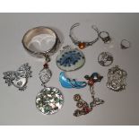 A Norwegian silver and blue enamel leaf brooch; a selection of silver and white metal jewellery