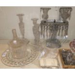 A 19th century cut glass 2-branch table lustre, 30 cm (a.f.); 3 candlesticks; other cut glass items