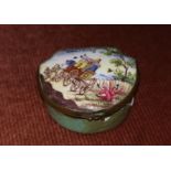 An 18th century Bilston enamel box "Coaching" (some cracks to lid; extensive chips to base); a small